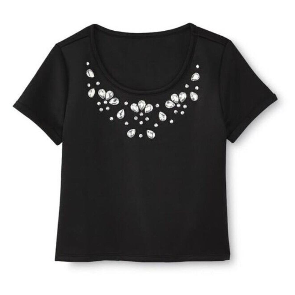 NEW Bongo Girls Black Jewel Embellished Short Sleeve Crop Top Size M 10/12